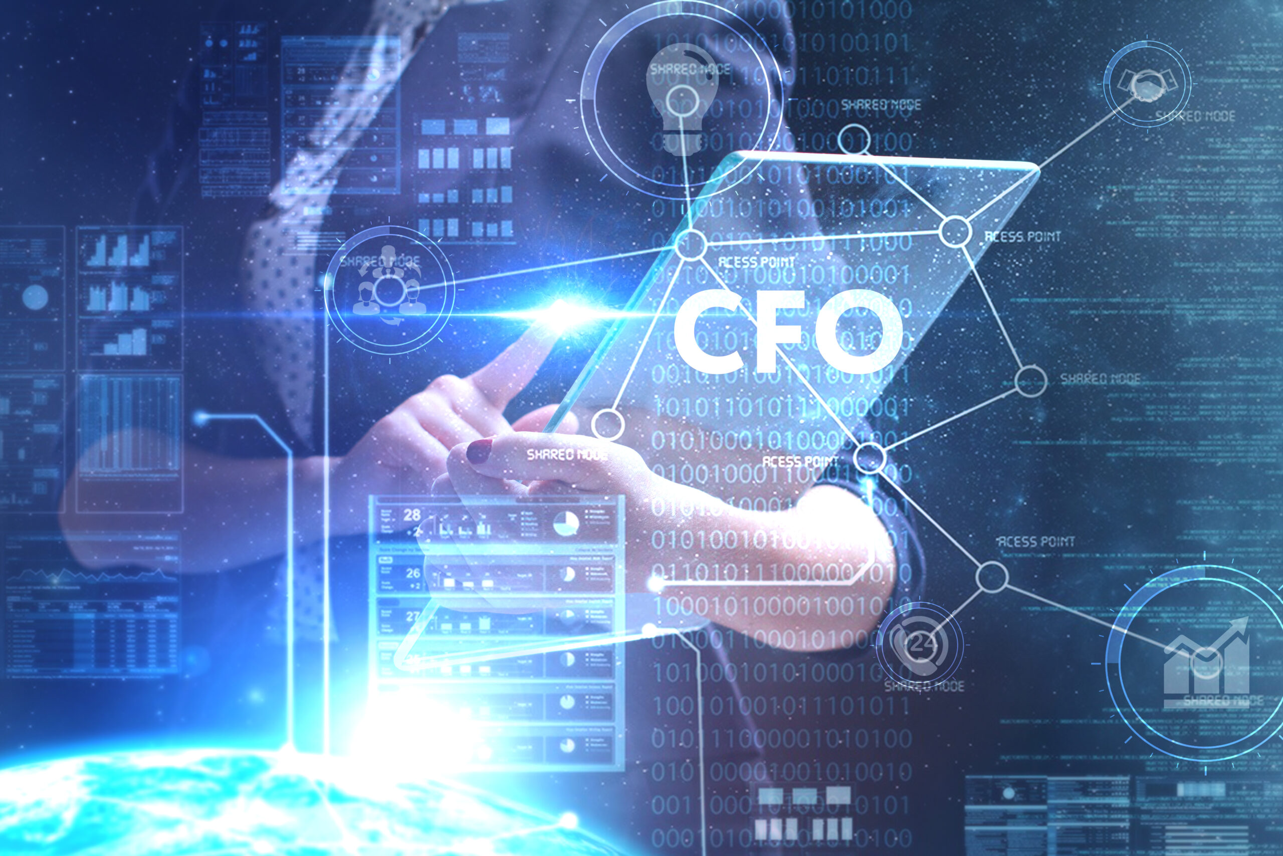 hand against vertical screen, demonstrating concept of cfo at work