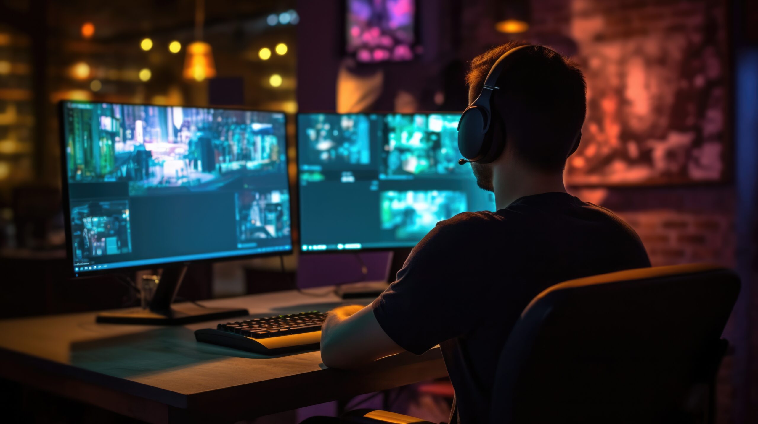 male developer coding at two computer screens, dark background