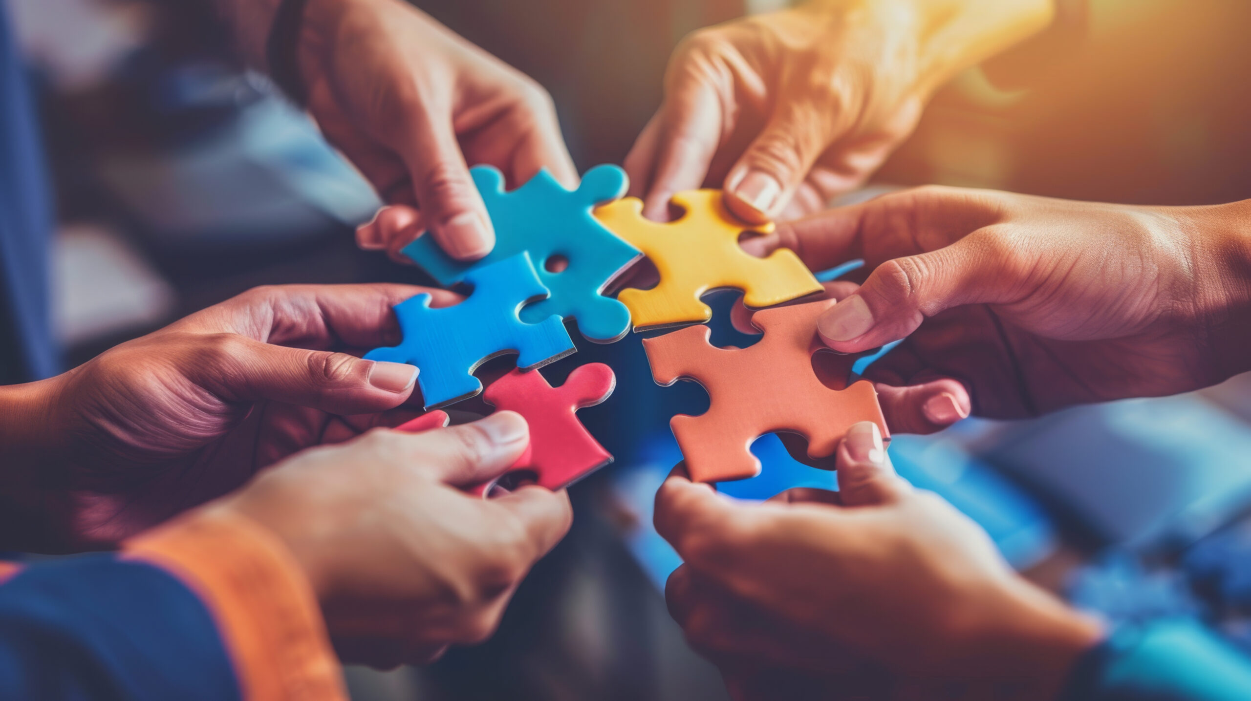 multiple hands of diverse people are connecting colorful puzzle pieces together.