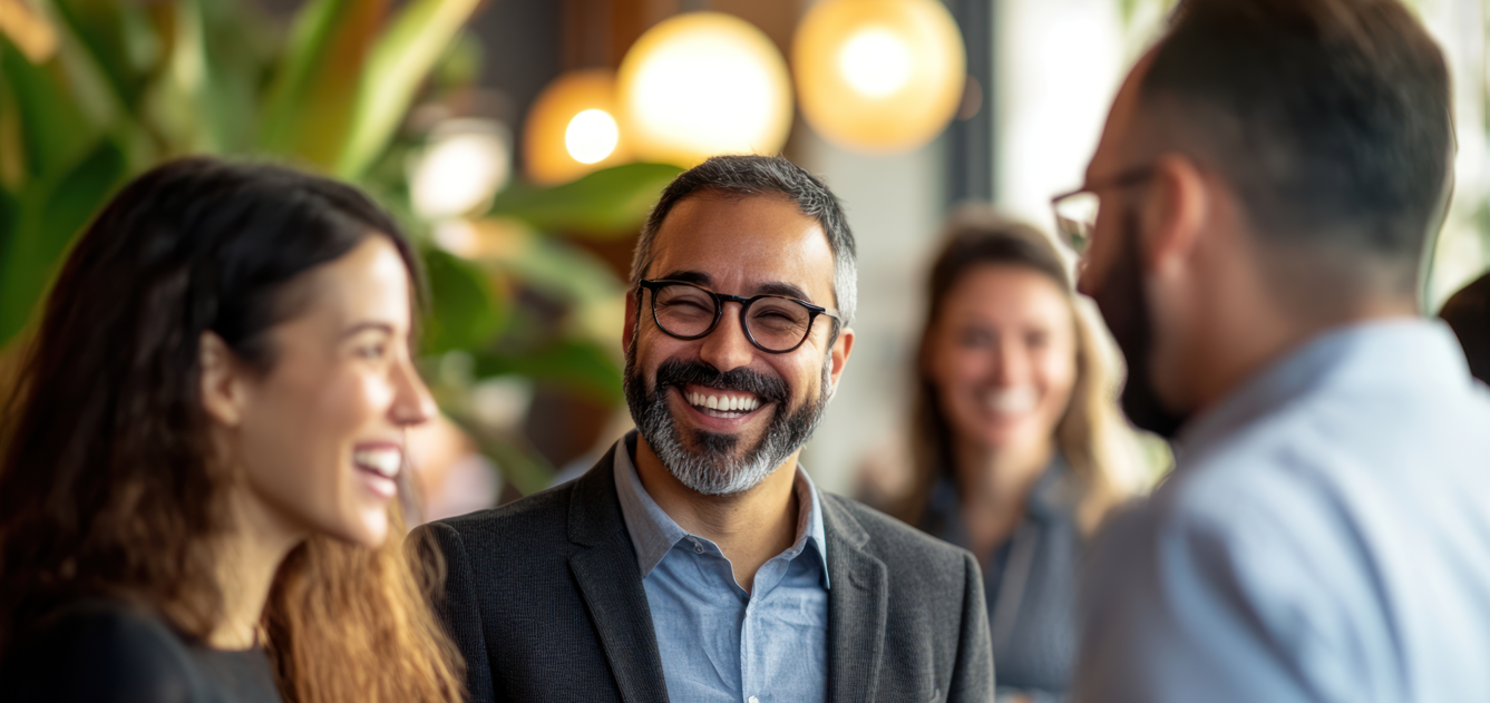 three businesspeople laughing in conversation