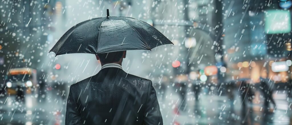 businessman with umbrella weathering rain