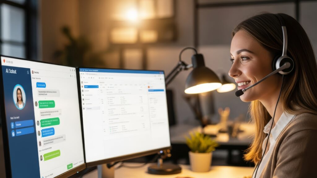 women with headset smiling at computer screen