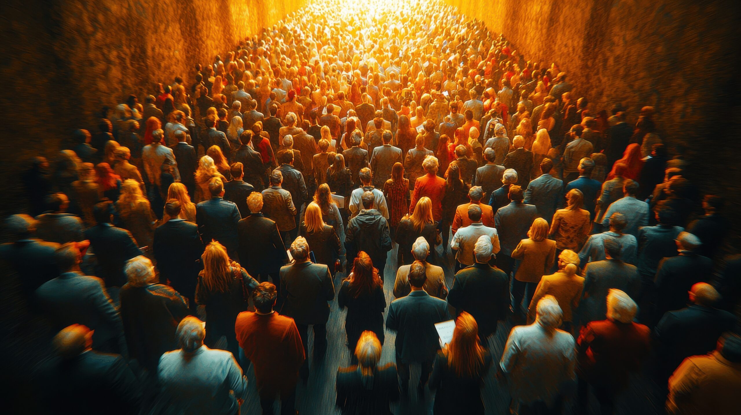 A sea of faces blurred in motion at a bustling networking event, where individuals exchanged contact cards in a vibrant conference hall, a symphony of human interaction
