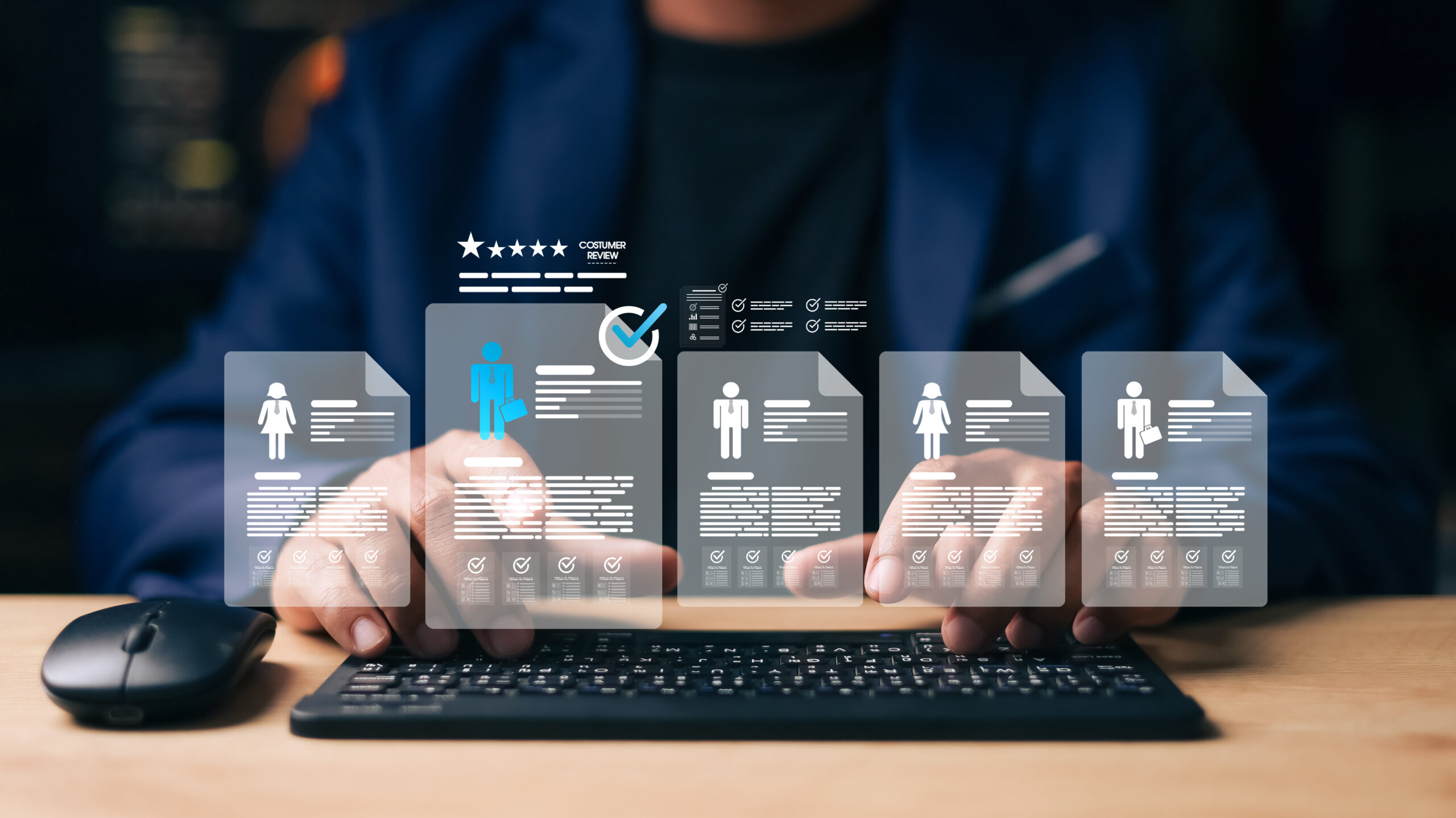 Businessman selecting candidate profiles on digital interface with rating system, illustrating modern recruitment, HR technology, and data-driven hiring process.